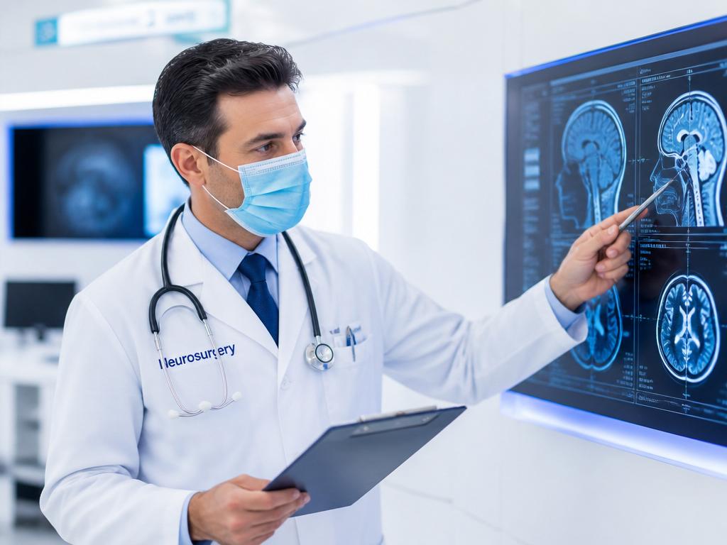 Neurocirujano analizando escáner cerebral en pantalla digital